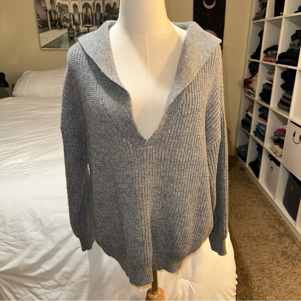 SHEIN | Curve Plus Ribbed Knit Drop Shoulder Sweater V Neck Wide Collar Gray 0XL